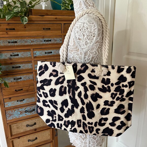 Leopard Print Canvas Tote Bag/ Rope Handles - Tan/Black/Brown - Style 1 -NWT - Picture 3 of 9